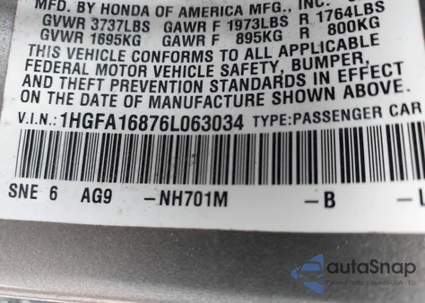 2006 Honda Civic Ex from USA, damaged, VIN 1HGFA16876L063034